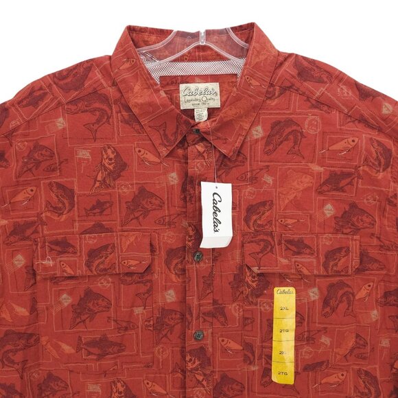 NWT CABELA'S Docksider Shirt Red All Over Fish Print Vented Size 2XL - Picture 1 of 8